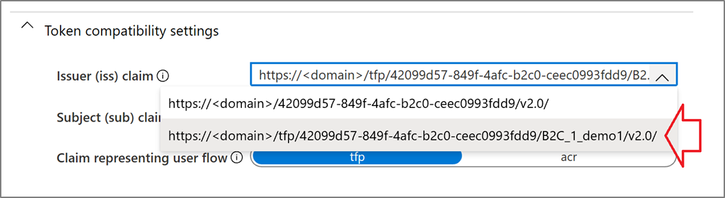 Capture d’écran de l’URL de sous-revendication du sujet dans la boîte de dialogue Compatibilité des jetons.