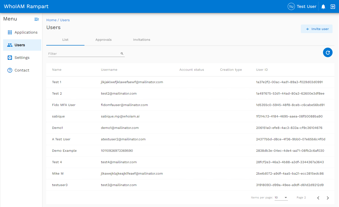 Capture d’écran montrant la liste des utilisateurs WhoIAM Rampart dans le locataire Azure AD B2C.