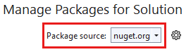 Capture d’écran montrant la boîte de dialogue Gérer les packages NuGet pour la solution, dans laquelle l’onglet Parcourir, la zone Rechercher et l’option Source du package sont mis en surbrillance.