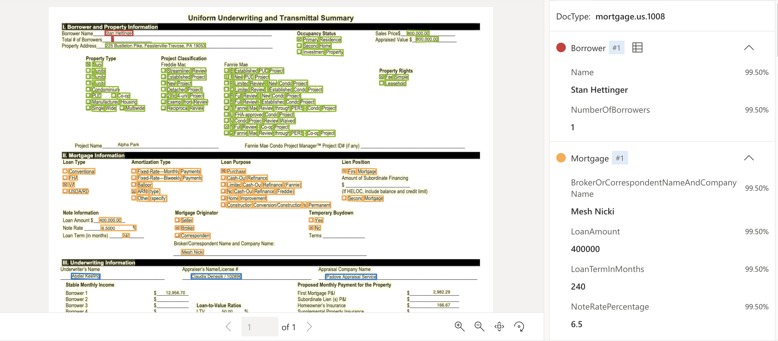 Capture d’écran de l’analyse du modèle de document Prêt hypothécaire américain 1008 à l’aide de Document Intelligence Studio.