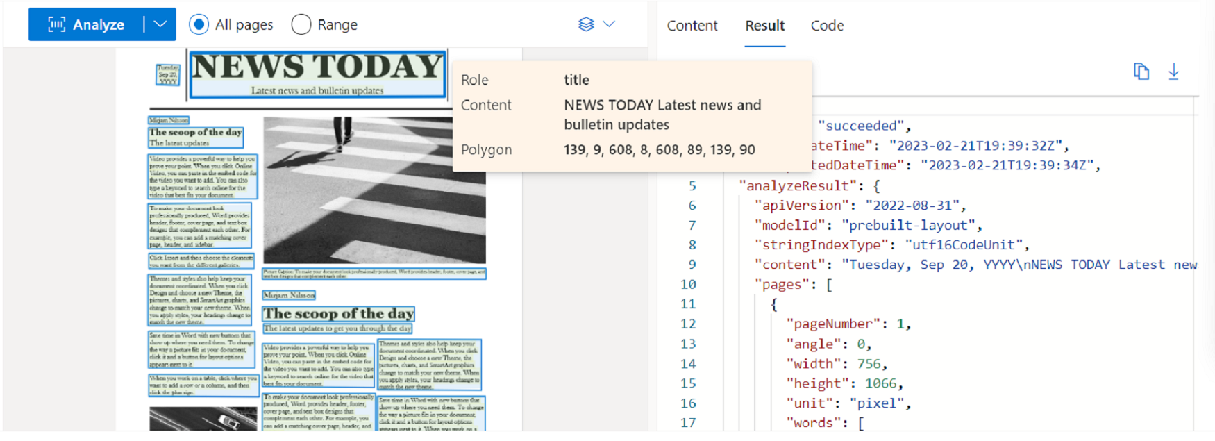 Capture d’écran de l’analyse du modèle de layout à l’aide de Studio Intelligence Documentaire.