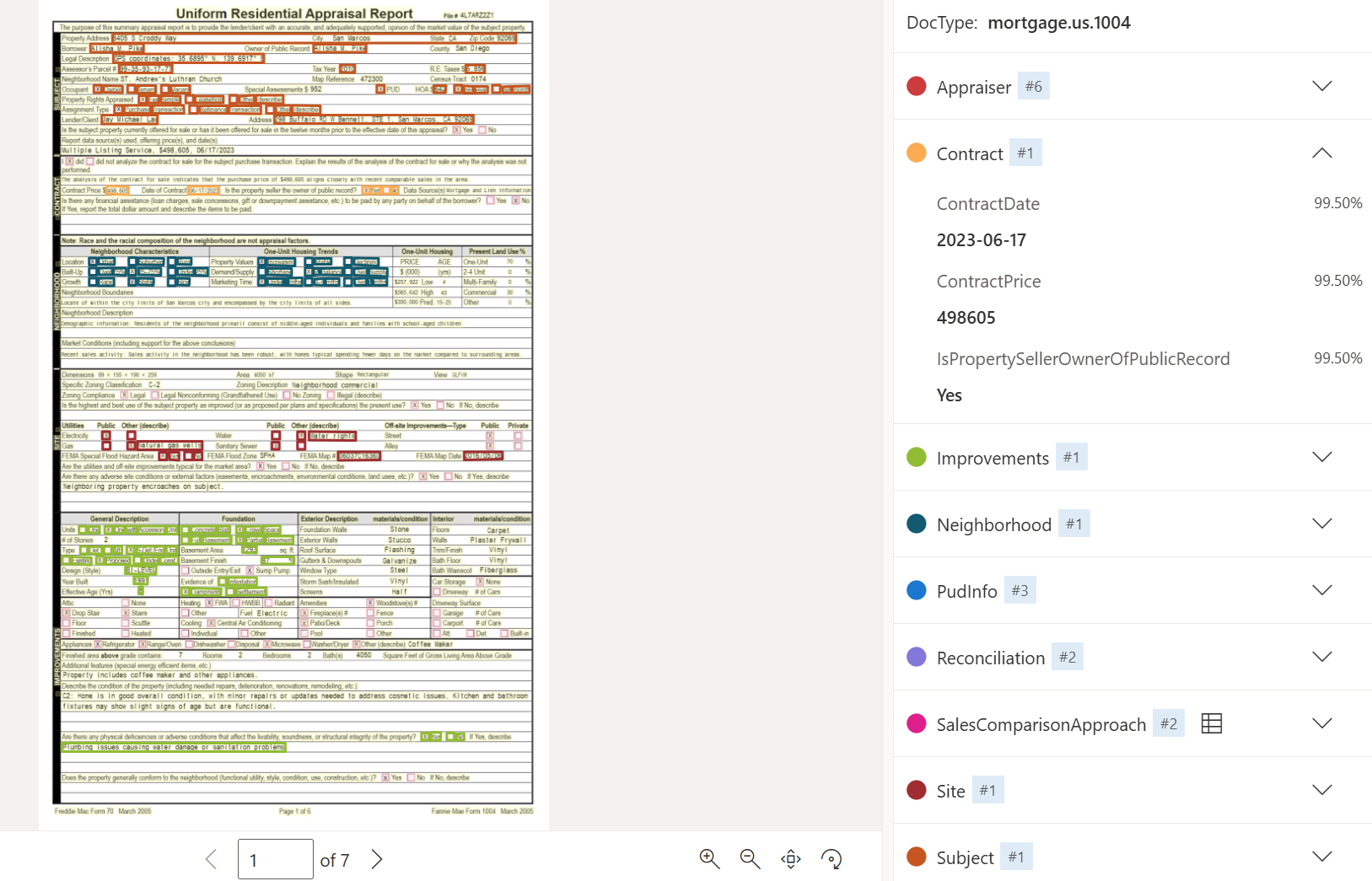 Capture d’écran de l’analyse du modèle de document Prêt hypothécaire américain 1004 à l’aide de Studio Intelligence documentaire.