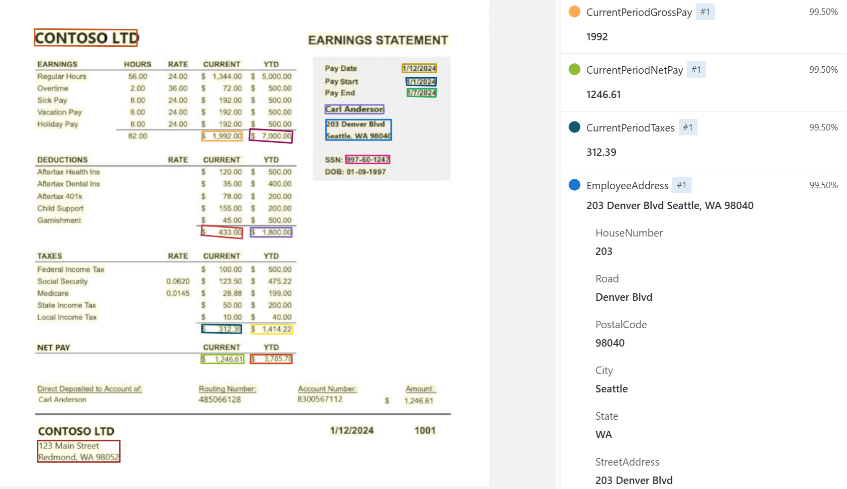 Capture d’écran de l’analyse du modèle de bulletin de paiement à l’aide de Studio Intelligence Documentaire.