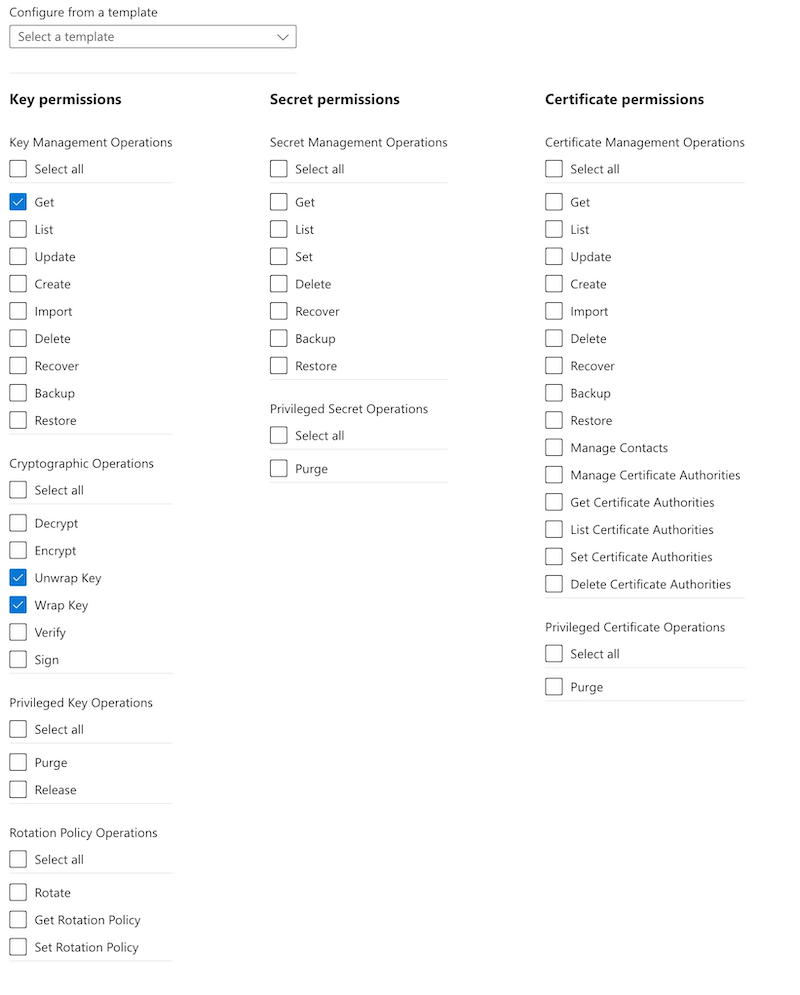 Capture d’écran de la page du Portail Azure pour une stratégie d’accès au coffre de clés. Les autorisations sélectionnées sont Obtenir la clé, Envelopper la clé et Désenvelopper la clé.