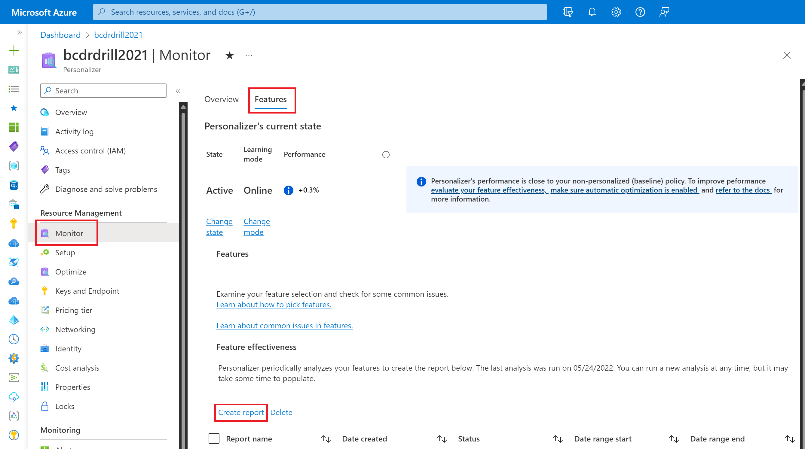 Capture d’écran montrant comment créer une évaluation des fonctionnalités dans votre ressource Personalizer en cliquant sur le panneau « Surveiller », sur l’onglet « Fonctionnalité », puis sur « Créer un rapport ».