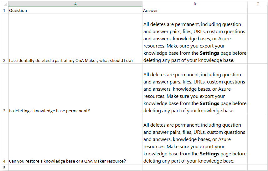 Exemple d’autres questions pour une réponse unique dans un fichier Excel