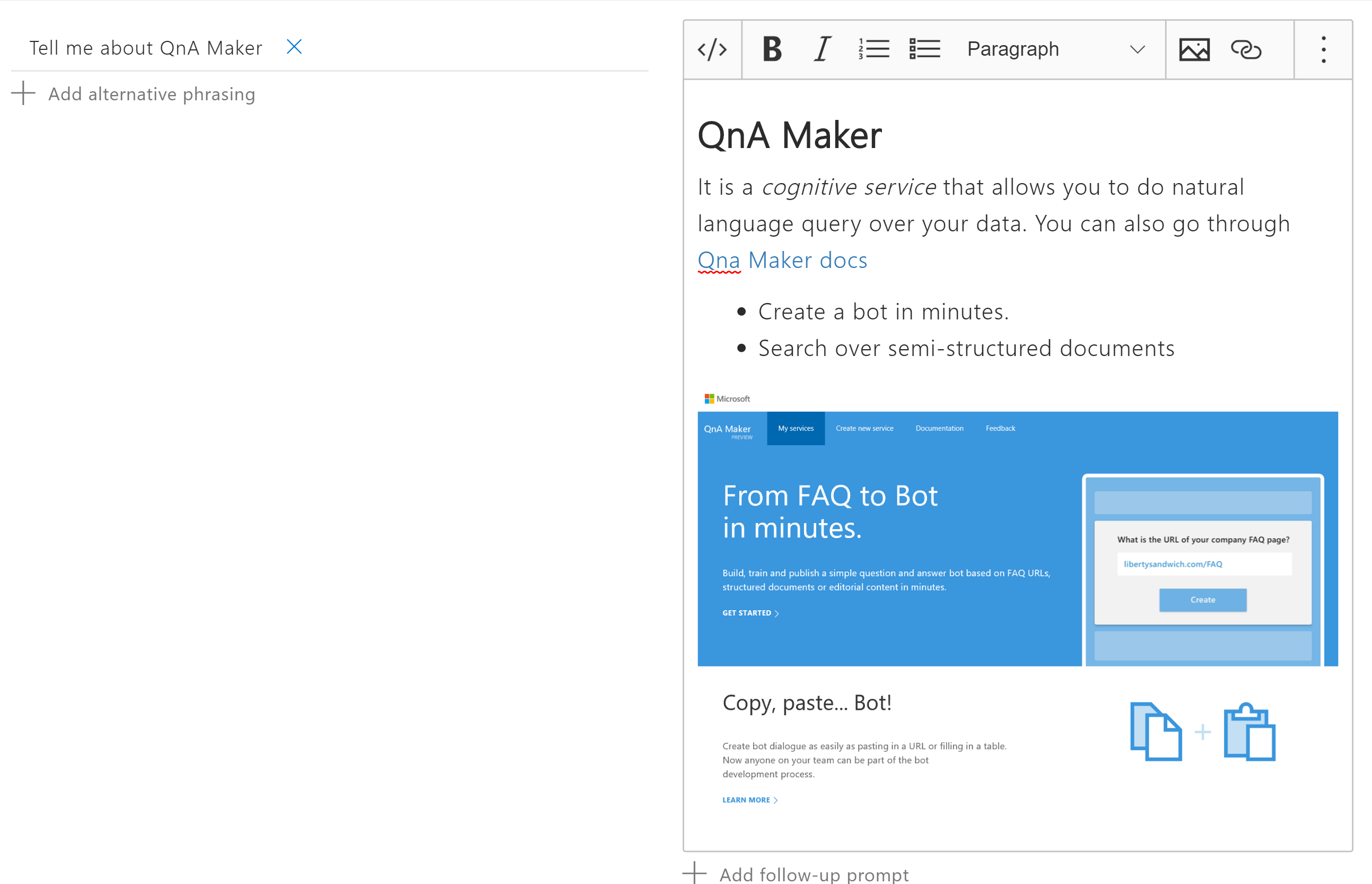 Capture d’écran de l’éditeur de texte enrichi avec la question et la réponse d’une ligne de paire QnA.