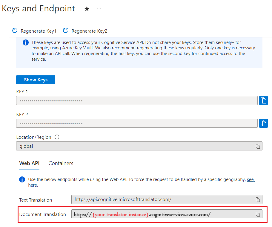 Capture d’écran montrant le champ Récupérer votre clé dans le portail Azure.