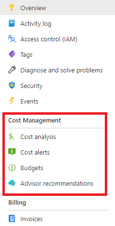 Capture d’écran des liens des ressources Cost Management dans le portail Azure.