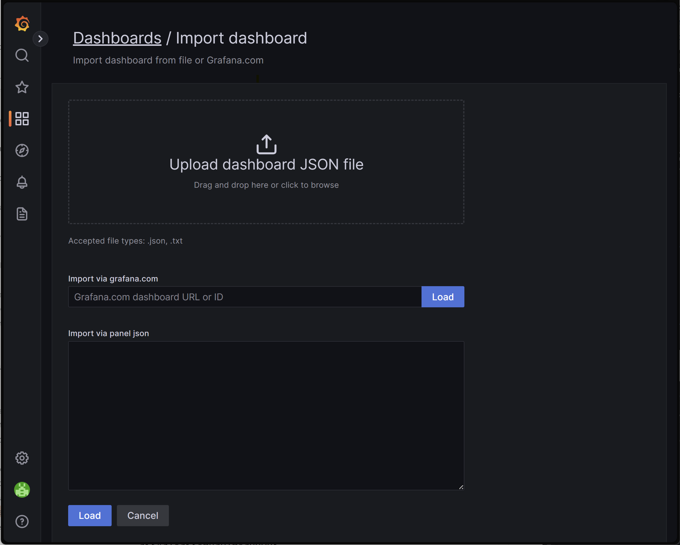 Capture d’écran d’un navigateur affichant l’instance Grafana avec la fenêtre de dialogue « Importer un tableau de bord ».