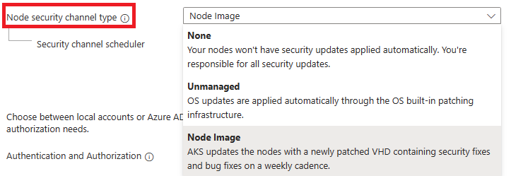 Capture d’écran du portail Azure montrant l’option de type de canal de sécurité du nœud sous l’onglet Informations de base de la page de création du cluster AKS.