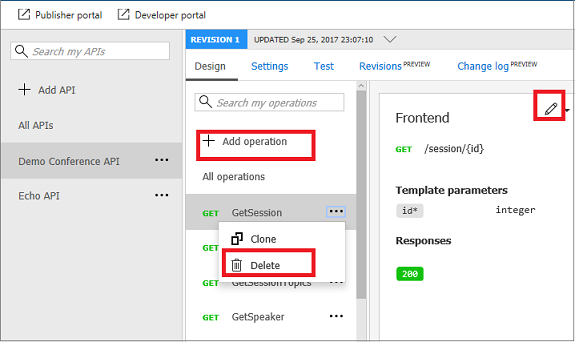 Capture d’écran mettant en évidence le processus d’édition d’une API dans Gestion des API.