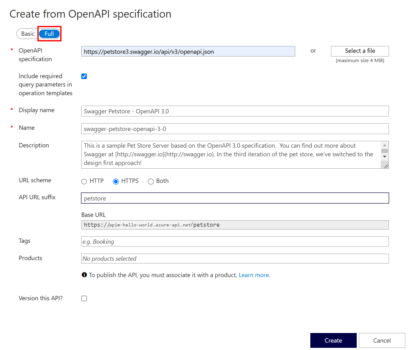 Capture d’écran de la création d’une API dans le portail.