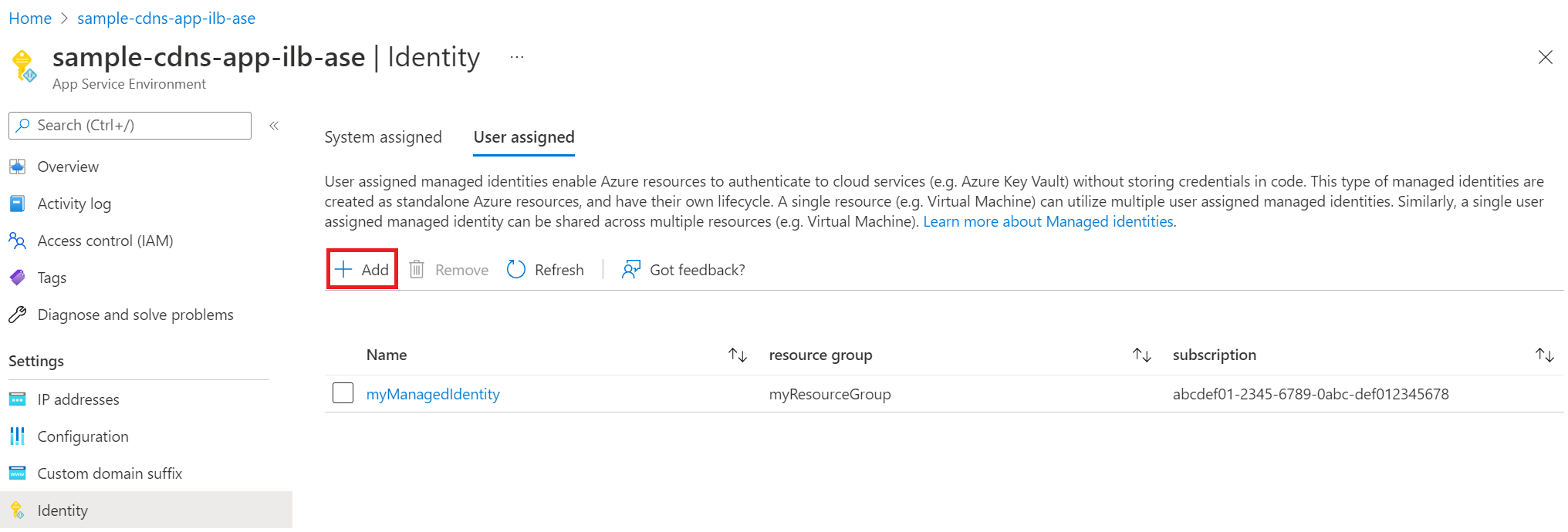 Capture d’écran d’un exemple d’identité managée affectée par l’utilisateur pour l’App Service Environment.