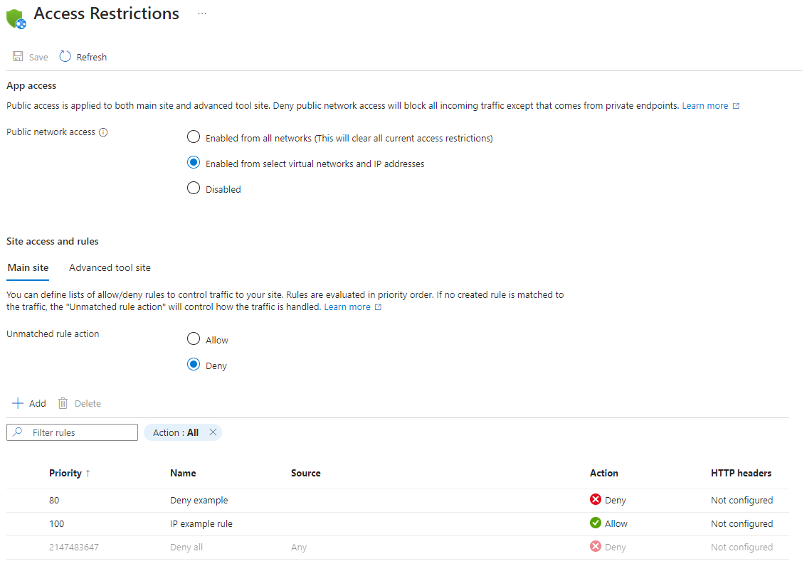 Capture d’écran de la page Restrictions d’accès dans le portail Azure montrant la liste des règles de restriction d’accès définies pour l’application sélectionnée.