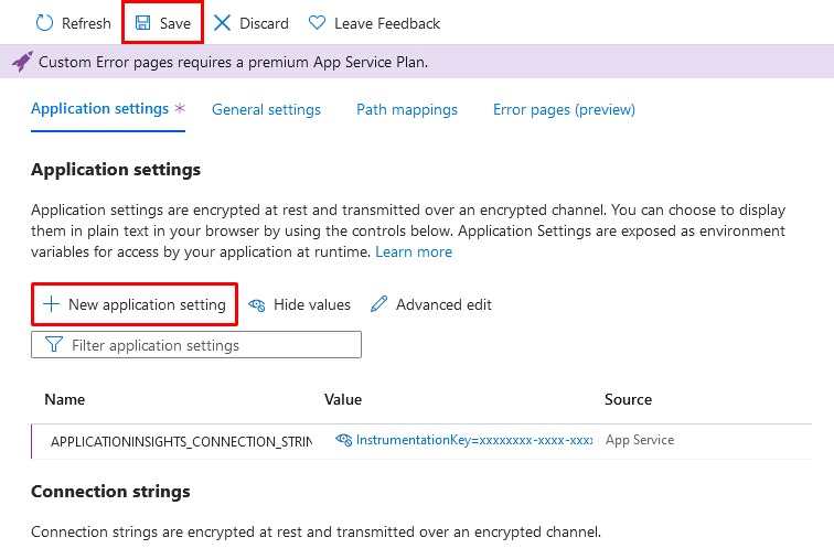 Capture d’écran montrant la page Configuration d’une application web avec deux paramètres d’application ajoutés.