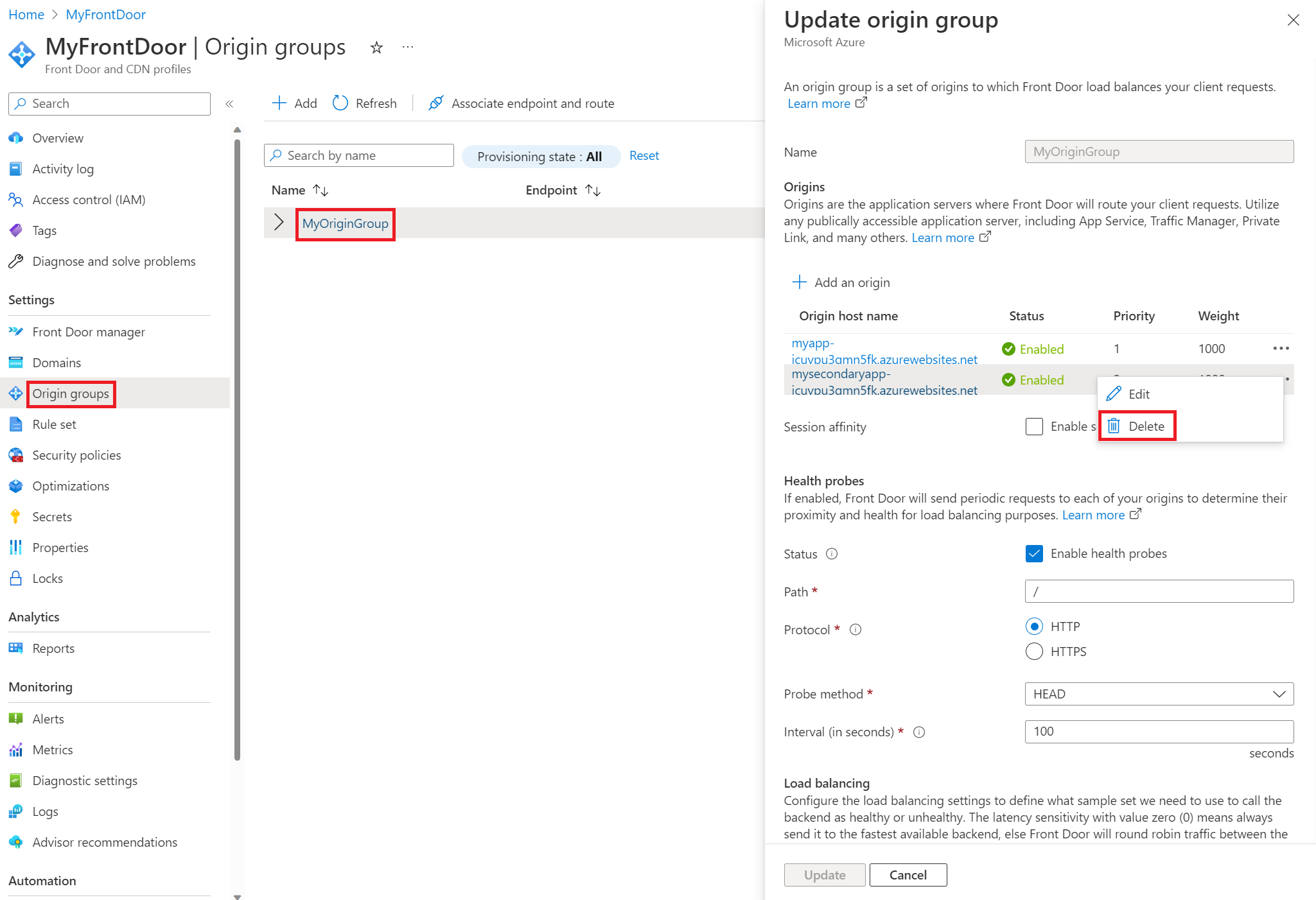 Capture d’écran montrant comment supprimer une origine Azure Front Door.