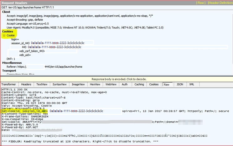 Capture d’écran qui montre les en-têtes de requête pour HTTP, y compris les informations de cookie.