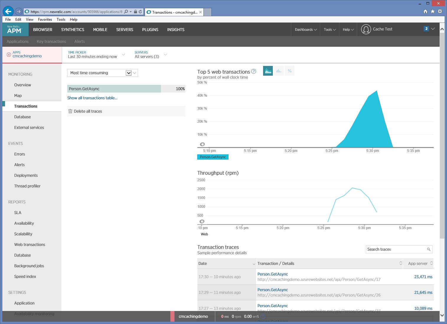 New Relic montrant des requêtes de serveur pour l’application CachingDemo