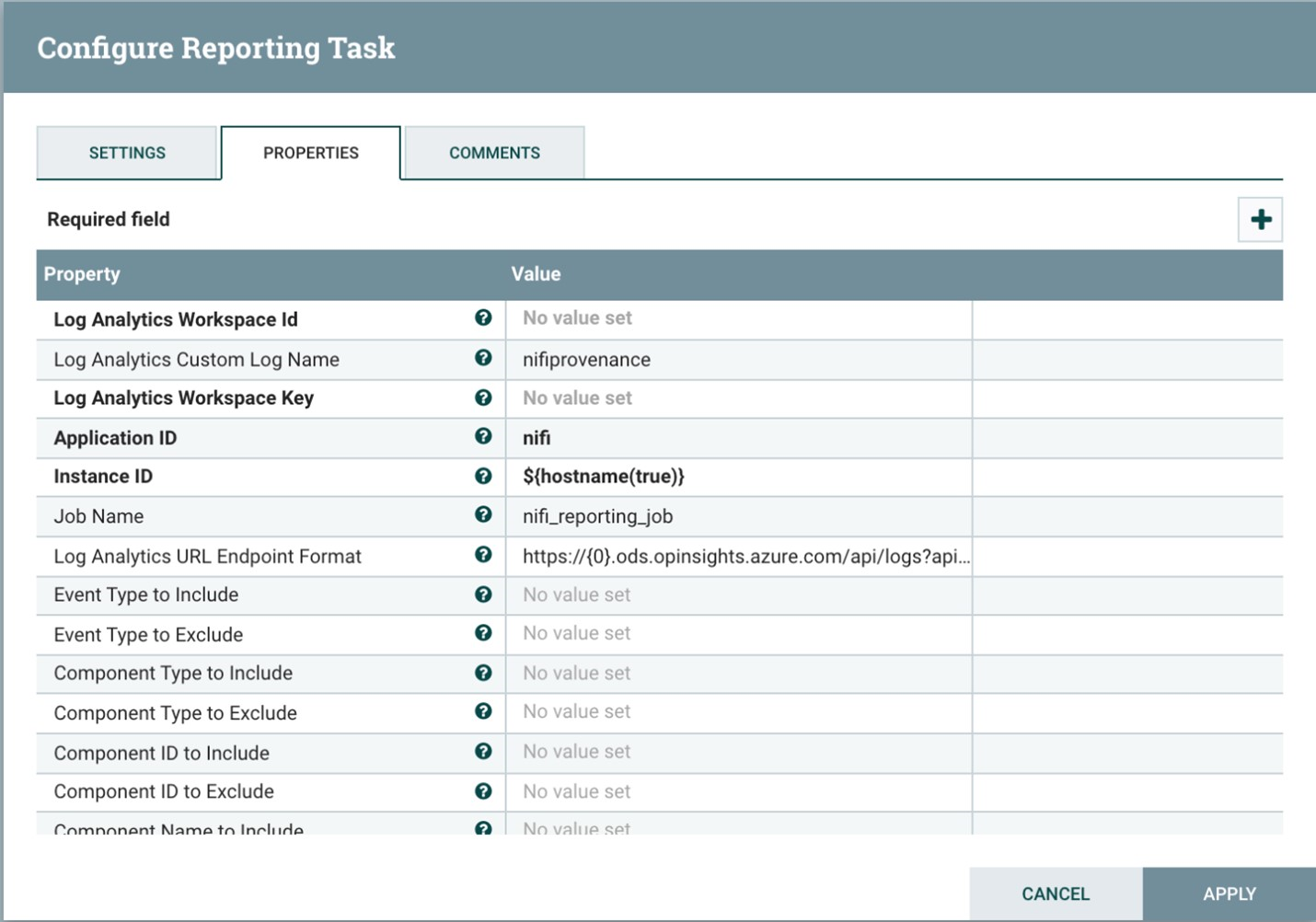 Capture d’écran de la fenêtre Configurer une tâche de création de rapports NiFi. Le menu Propriétés est visible. Il répertorie les valeurs des paramètres Log Analytics.