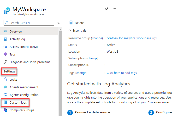 Capture d’écran de la page MyWorkspace dans le portail Azure. Les paramètres et les journaux personnalisés sont appelés.