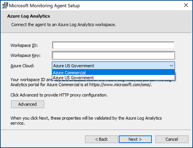 Page de configuration de l’agent Log Analytics pour la connexion de l’agent à un espace de travail Azure Log Analytics