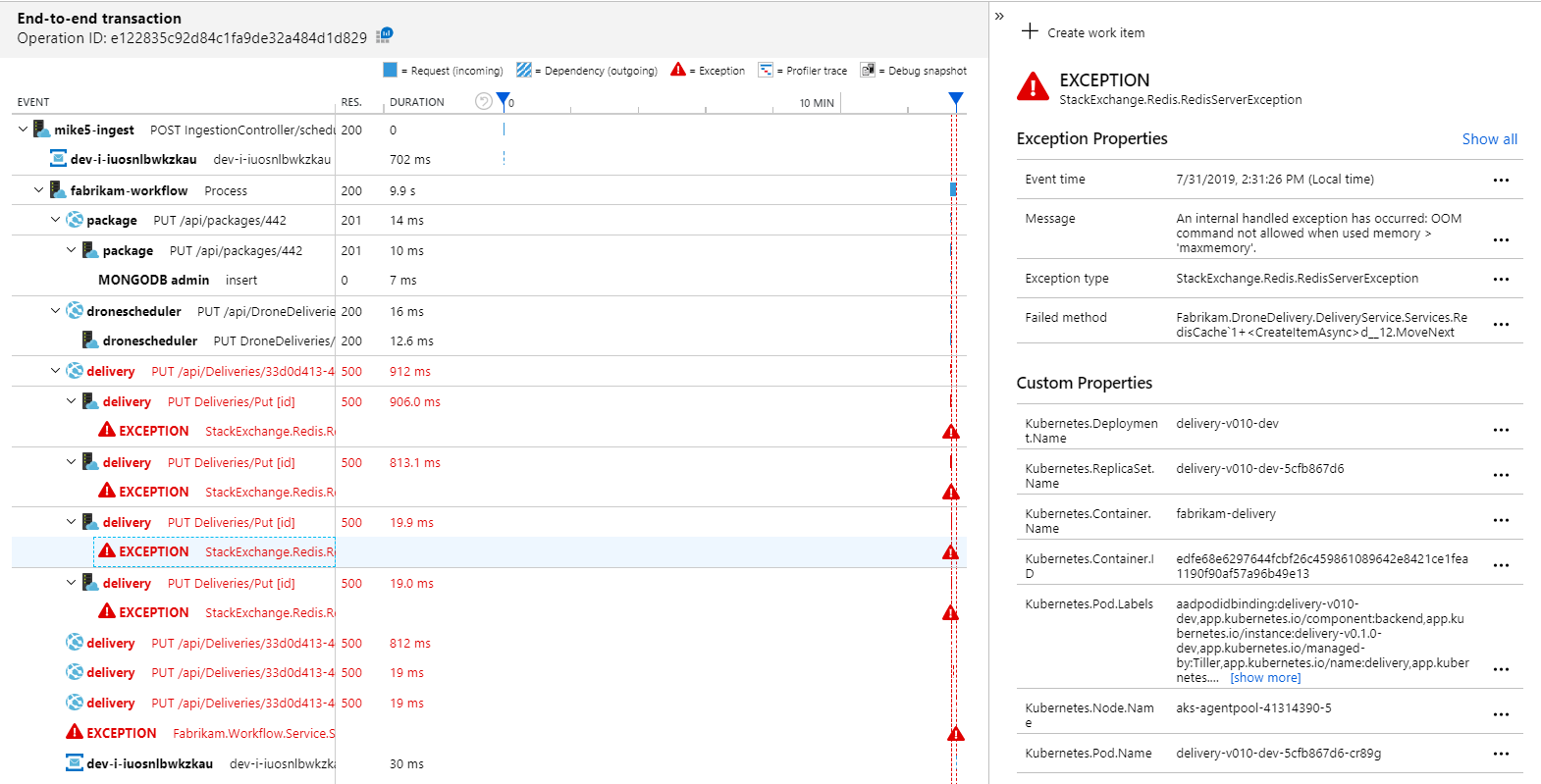 Capture d'écran de la vue des transactions de bout en bout