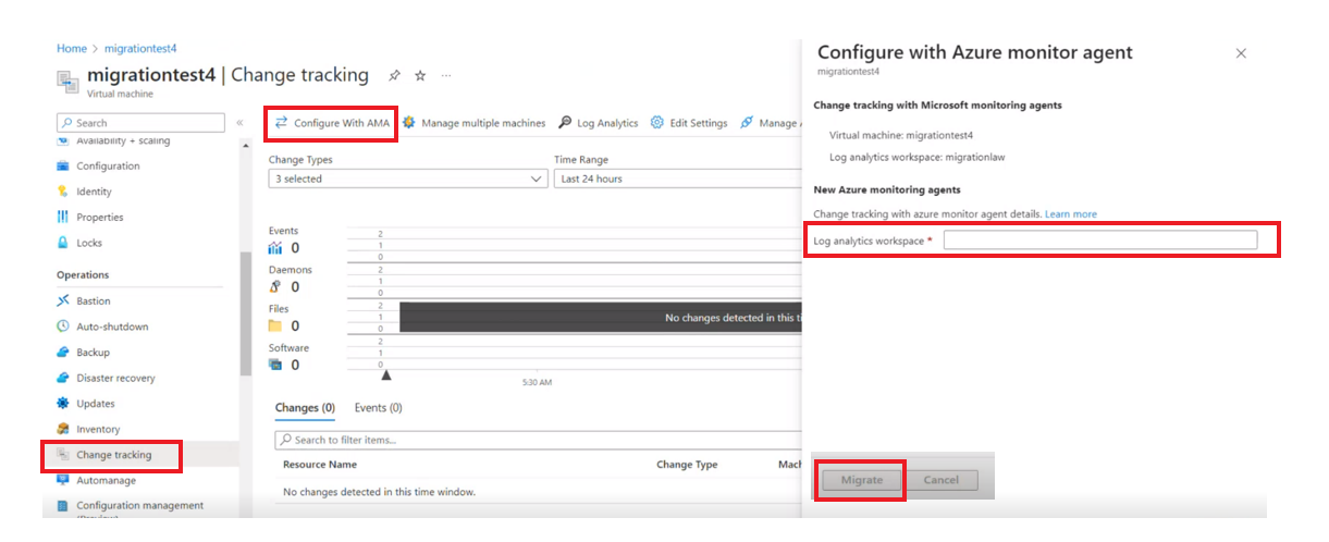 Capture d’écran de l’intégration d’une machine virtuelle unique au Suivi des modifications et inventaire à l’aide de l’agent d’analyse Azure.