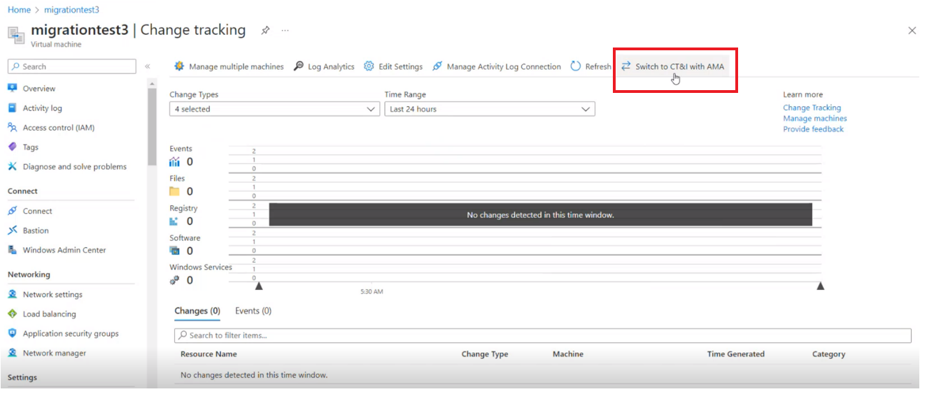 Capture d’écran montrant le basculement entre Log Analytics et l’agent d’analyse Azure après une migration réussie.