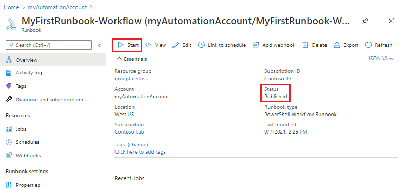 Page Vue d’ensemble du runbook de workflow PowerShell