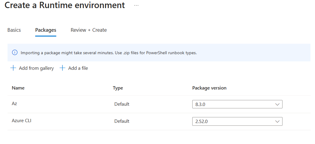 Capture d’écran montrant les sélections dans l’onglet Packages lors de la création de l’environnement Runtime.