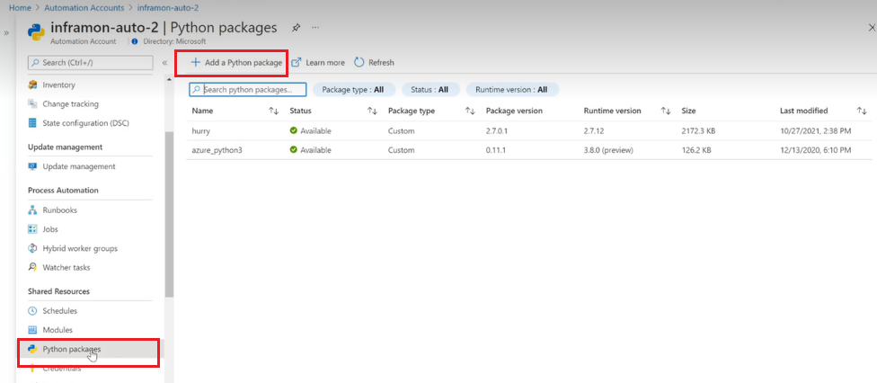 Capture d’écran de la page des packages Python montrant les packages Python dans le menu de gauche et Ajouter un package Python sélectionné.