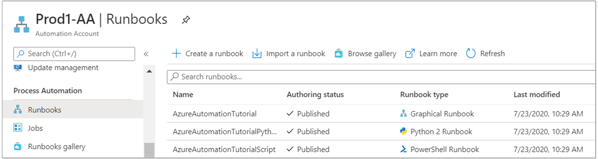 Runbooks de tutoriel créés avec le compte Automation