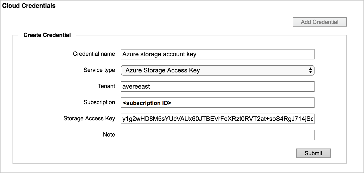 Completed cloud credential form in Avere Control Panel