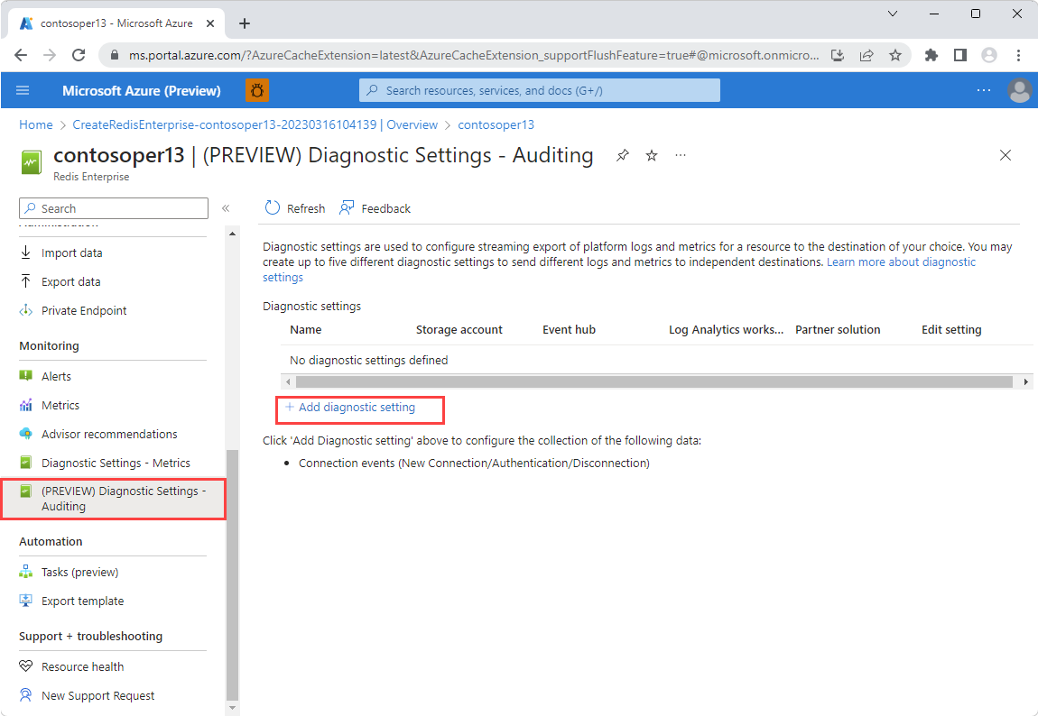 Capture d’écran des paramètres de diagnostic – Audit sélectionné dans le menu Ressource.