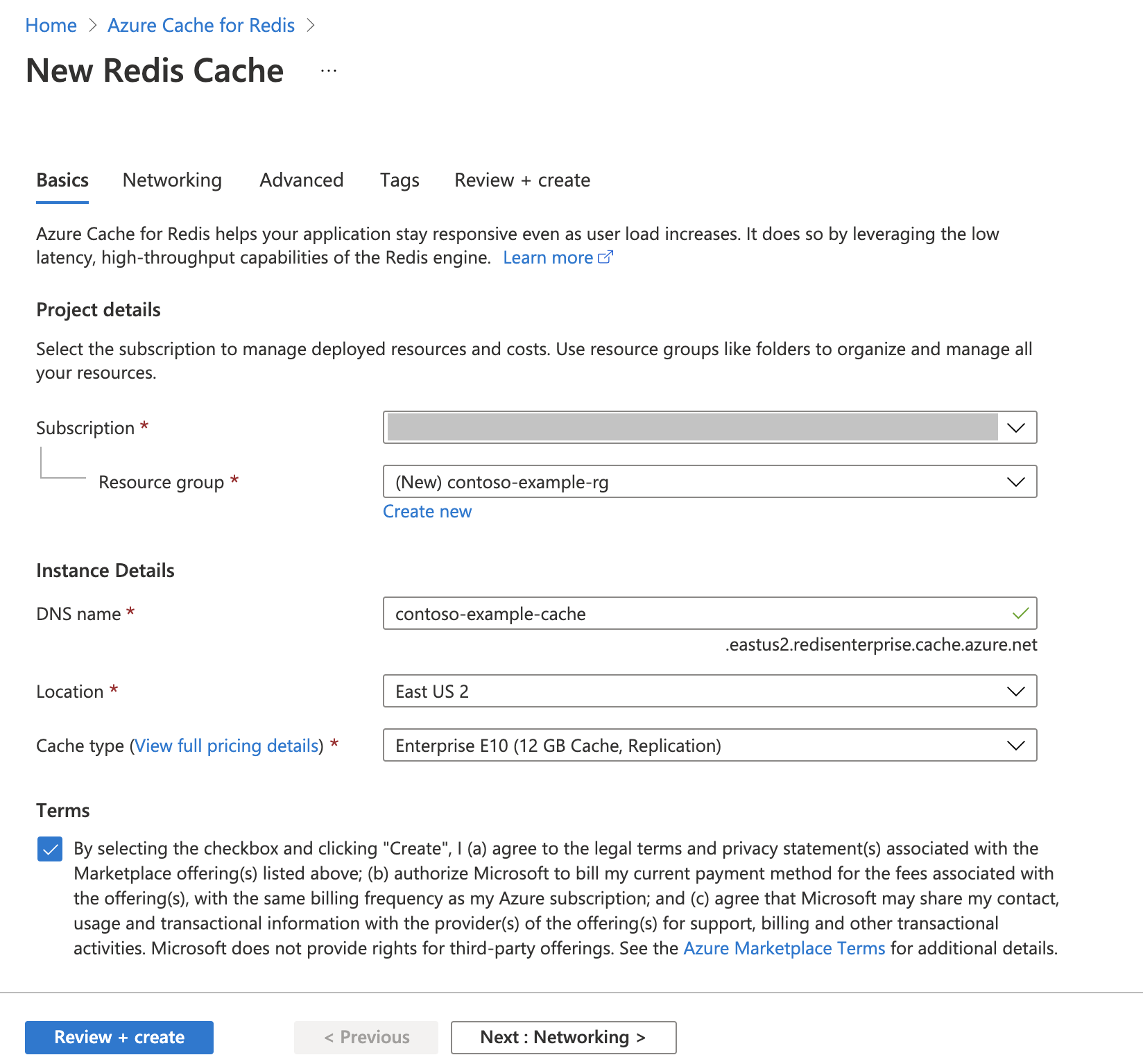 Capture d’écran montrant l’onglet Informations de base du niveau Enterprise dans le volet Nouveau cache Redis.