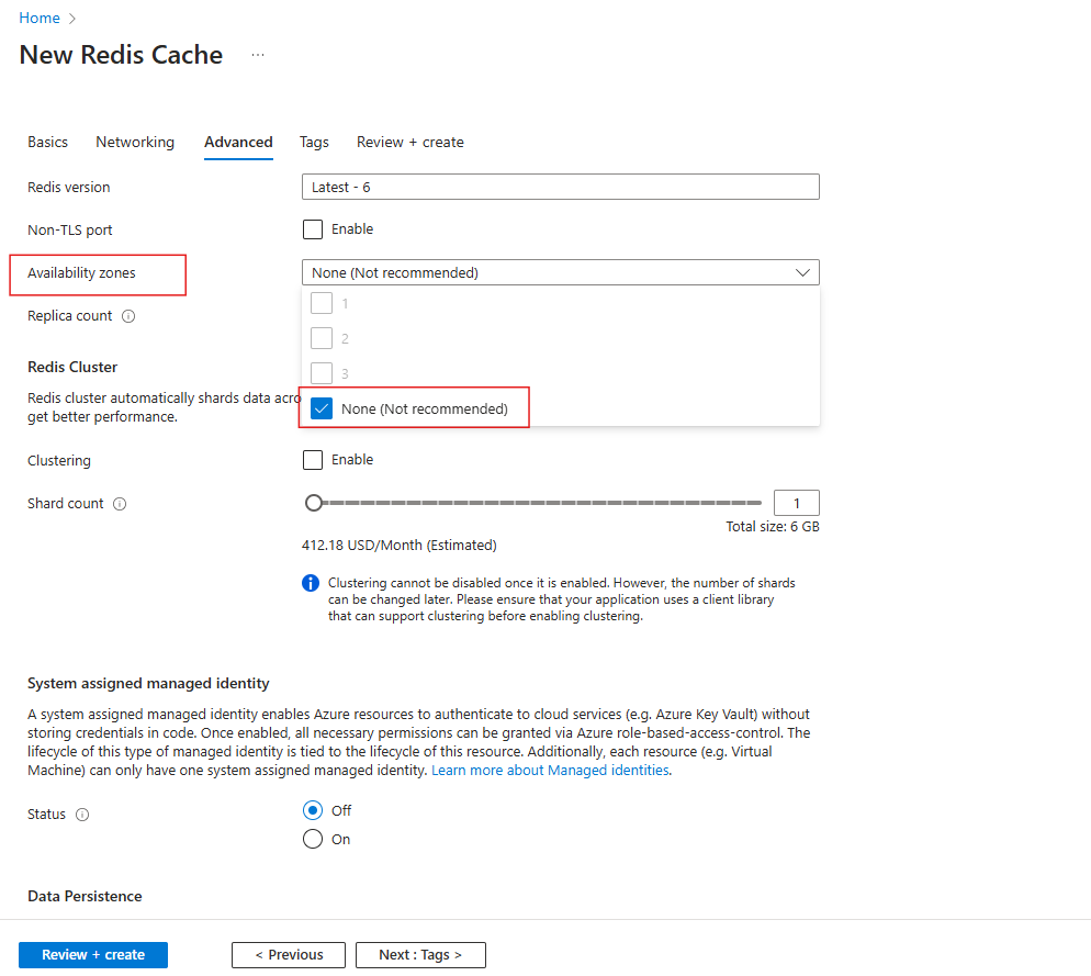 Capture d'écran montrant l'onglet Avancé avec un cadre rouge autour des zones de disponibilité et son option Aucun pour le cache Premium.