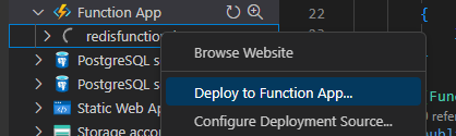 Capture d'écran des sélections pour le déploiement sur une application de fonction dans VS Code.