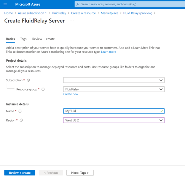 A screenshot of how to configure a new Azure Fluid Relay server.