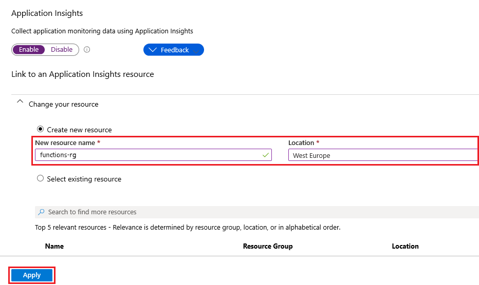 Capture d’écran montrant comment créer une ressource Application Insights.