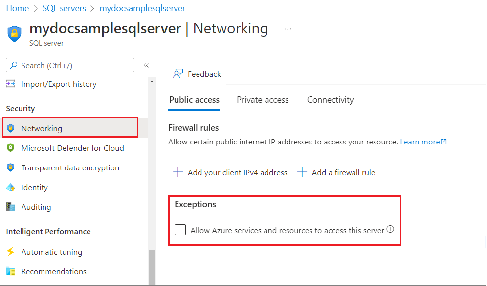 Capture d’écran de la vérification des paramètres du Pare-feu Azure SQL Database dans le Portail Azure.