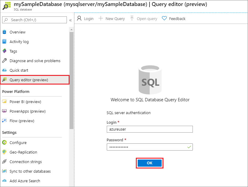 Capture d’écran de la connexion à l’éditeur de requête dans le Portail Azure.