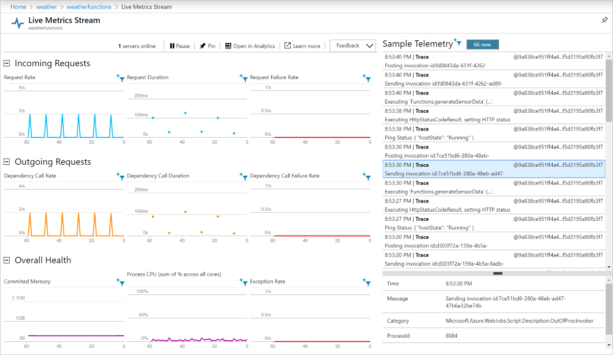 Flux de métriques temps réel Application Insights