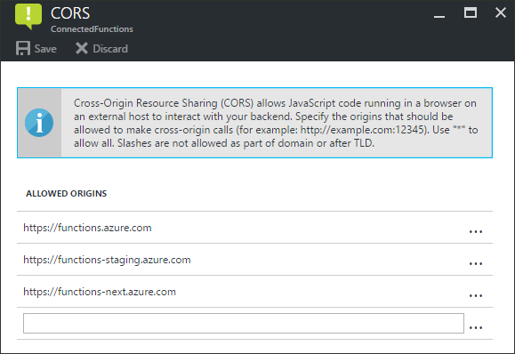 Capture d’écran montrant comment configurer la liste CORS de votre application de fonction.