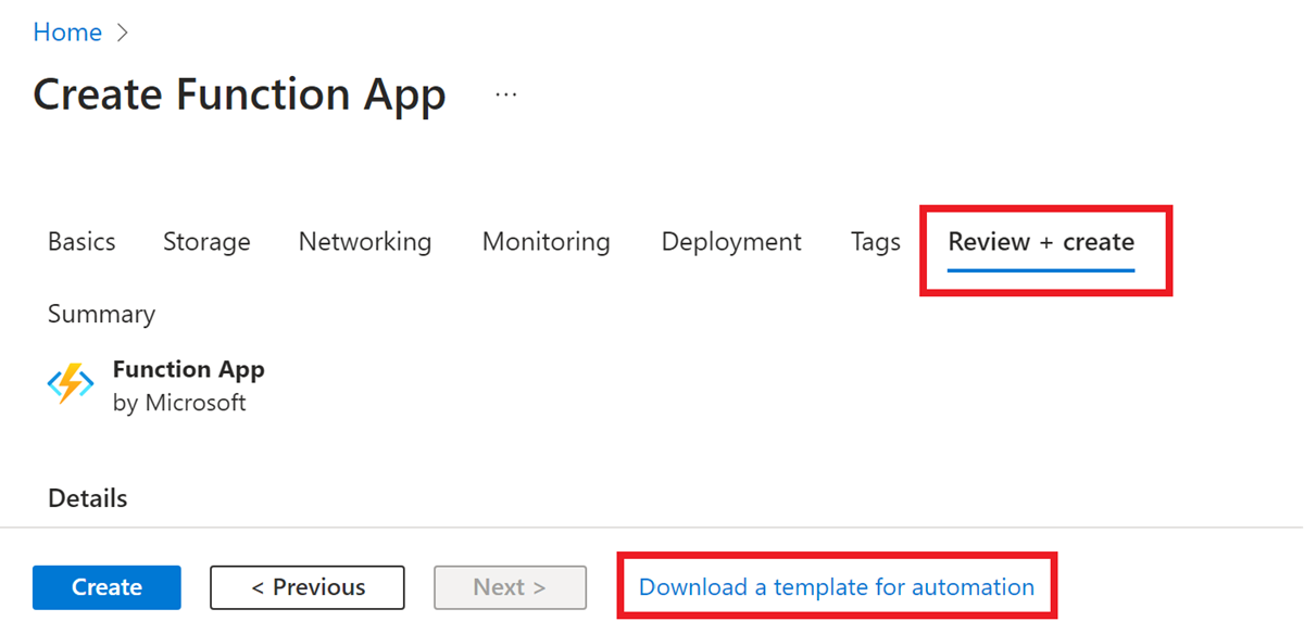 Téléchargez le lien du modèle à partir du processus de création d’Azure Functions dans le Portail Azure.