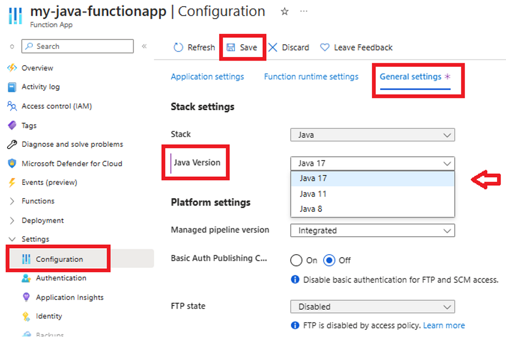 Capture d’écran montrant comment définir la version Java souhaitée pour une application de fonction dans le Portail Azure.