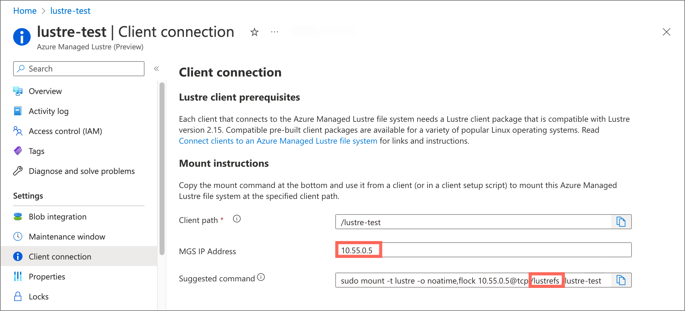 Capture d’écran de la page connexion cliente Portail Azure. L’adresse IP MGS et le nom « lustrefs » dans la commande de montage sont mis en surbrillance.