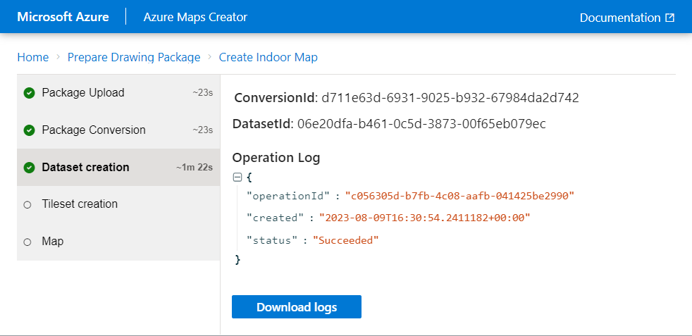 Capture d'écran montrant l'écran de création de jeu de données de l'outil d'accueil Azure Maps Creator, y compris la valeur de l'ID du jeu de données.