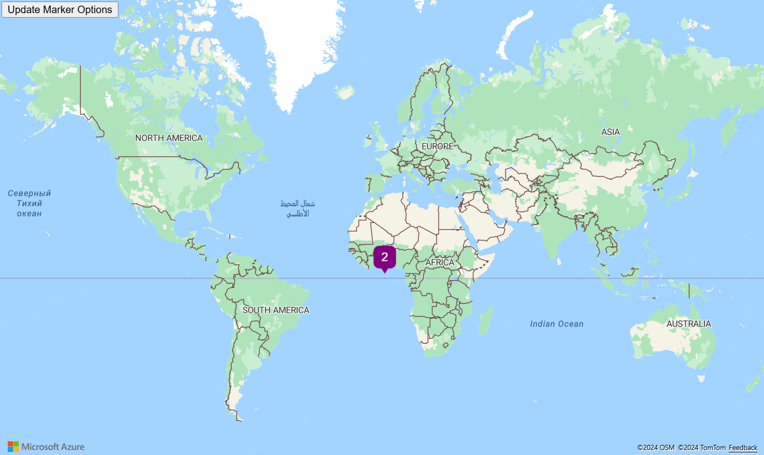 Capture d’écran montrant une carte du monde avec un modèle SVG personnalisé utilisé dans la classe HtmlMarker. Elle inclut un bouton intitulé Mettre à jour les options du marqueur, qui, lorsqu’il est sélectionné, modifie les options de couleur et de texte du modèle SVG utilisé dans HtmlMarker.