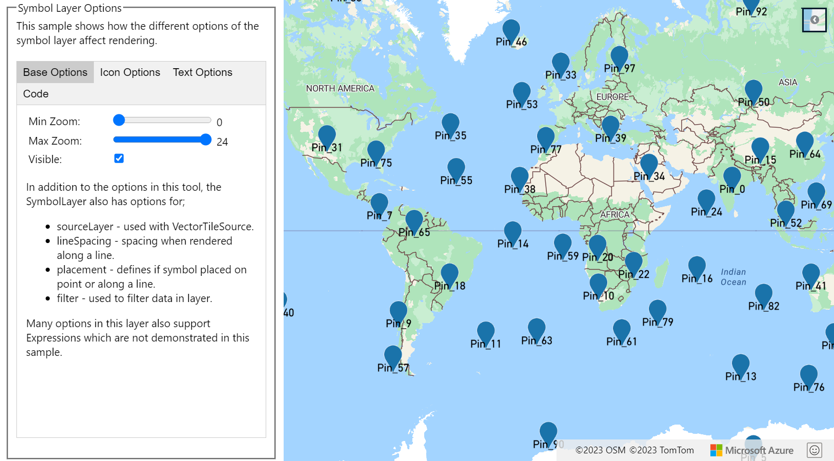 Capture d’écran d’un mappage, avec un volet à la gauche du mappage disposant des différentes options de symbole qui peuvent être définies de manière interactive.